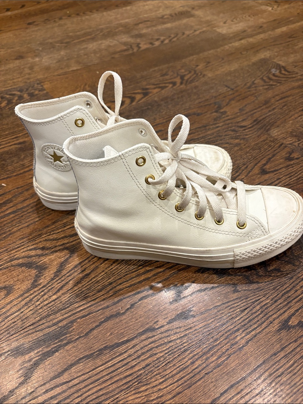 Converse Kids White Leather High Top Sneakers with Gold Eyelets